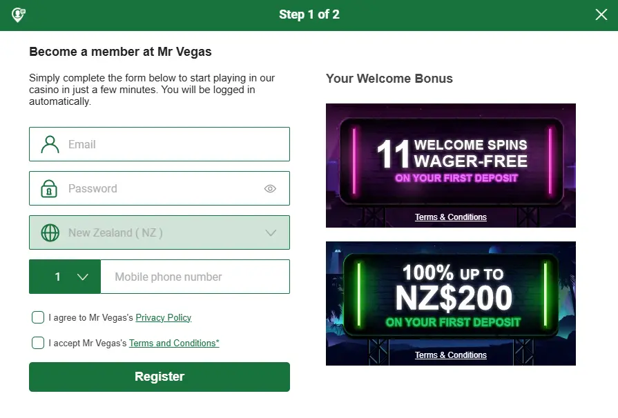 Registration Process in casino at MR VEGAS